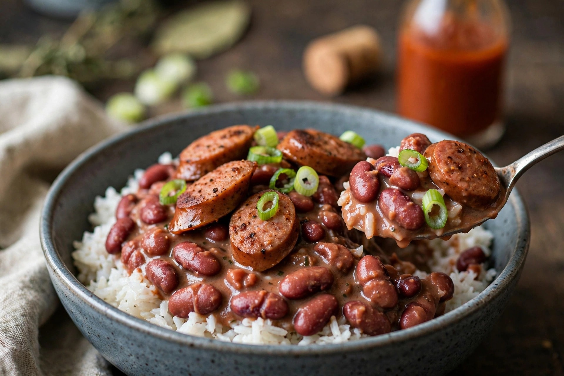 Bowl of crockpot red beans and rice with andouille sausage and green onions